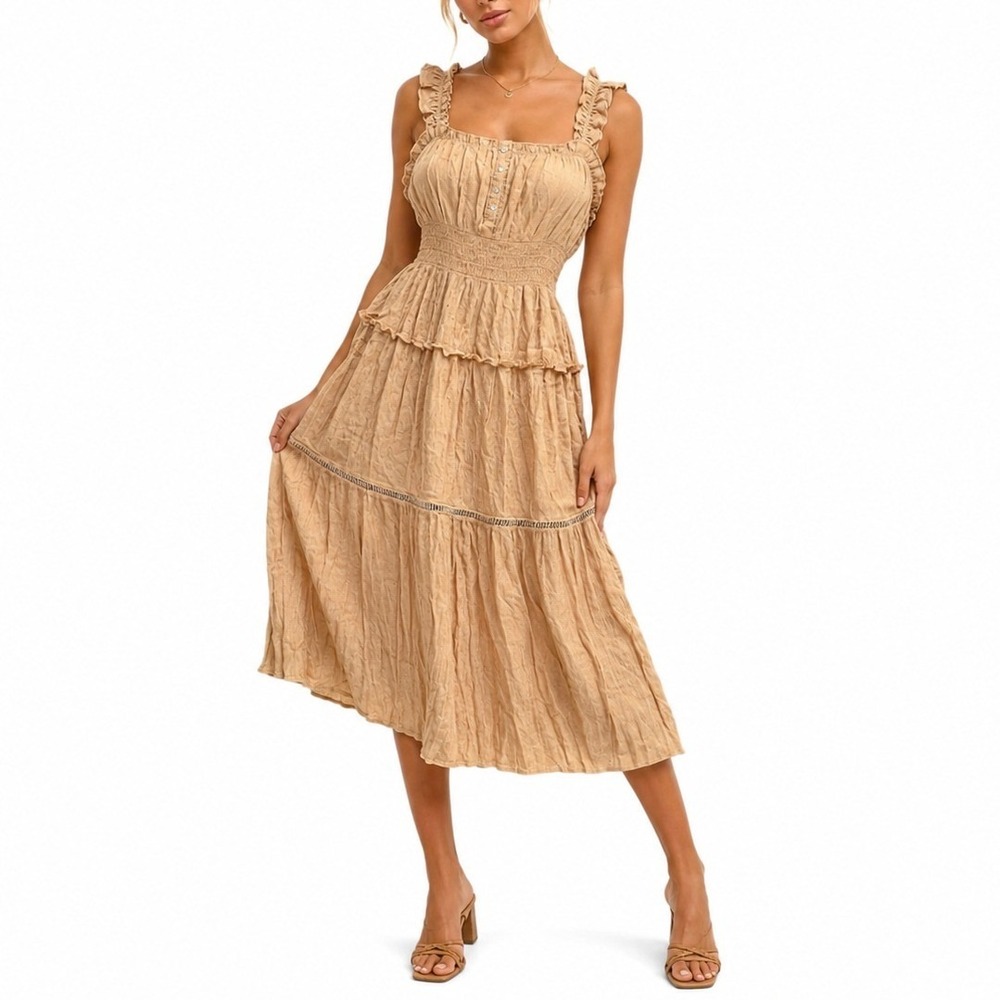 Fig and Flower Midi Dress Womens 2X Yellow Festival Boho Peasant Tiered Boho